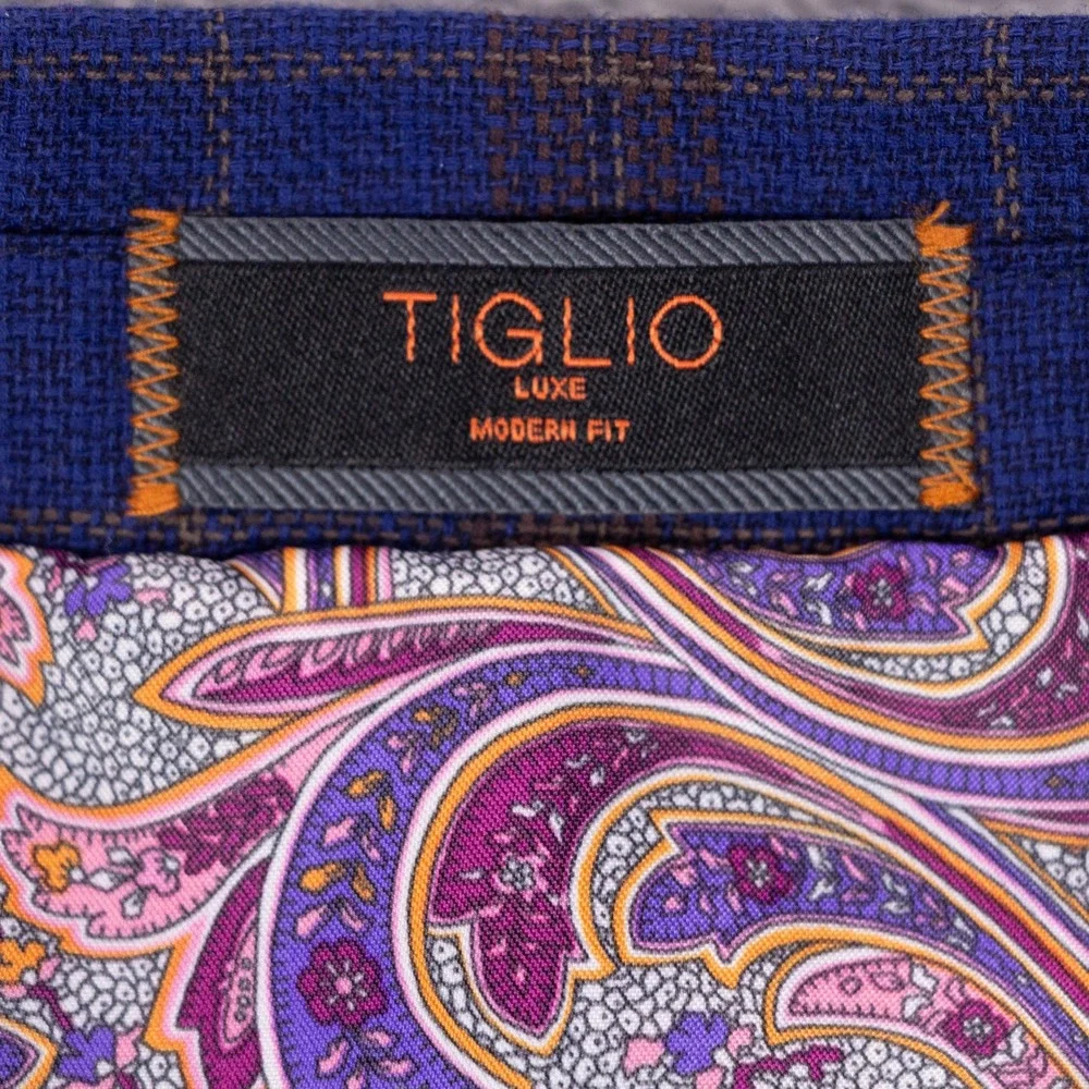 Tiglio Luxe Modern Fit Blazer Mens 52R Blue Plaid Wool Paisley Lining Biella